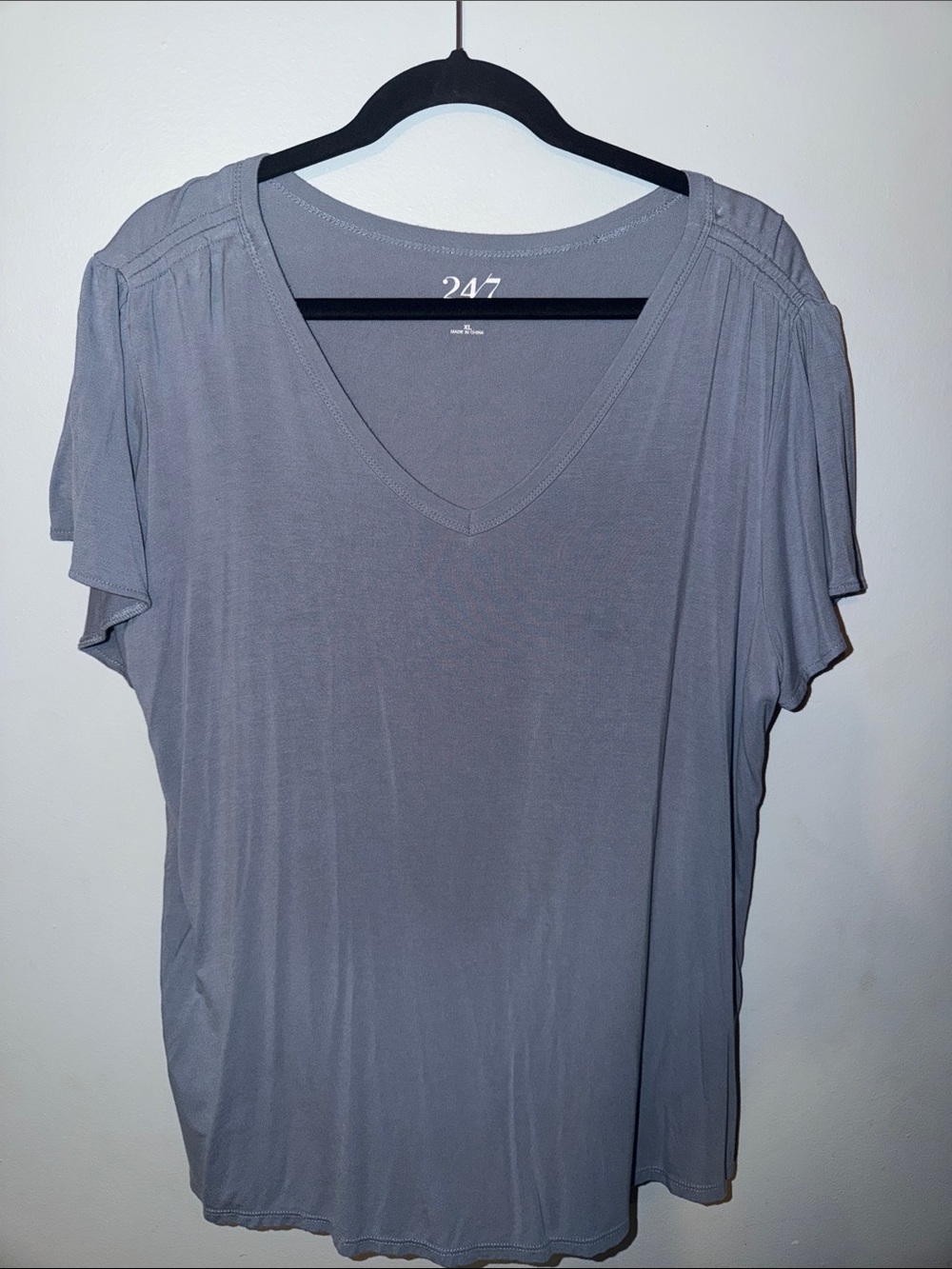 24/7 Maurice’s Women's V-Neck Flutter Sleeve Tee in Blue Gray